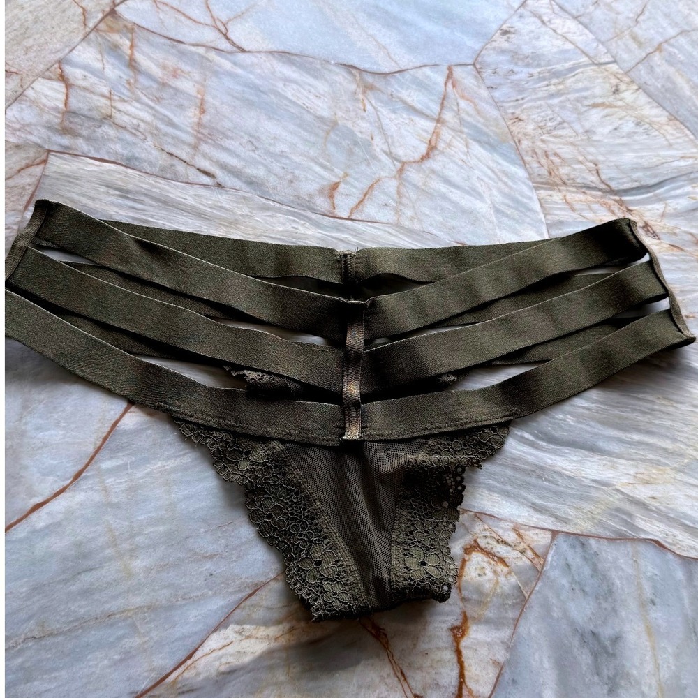 Olive Green Strappy Lace Thong Panty Briefs Bow Detail